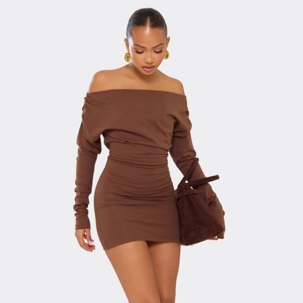 EGO Off The Shoulder Long Sleeve Ruched Detail Bodycon Mini Dress In Chocolate Brown, Women's Size UK 4