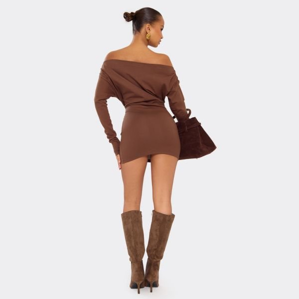 EGO Off The Shoulder Long Sleeve Ruched Detail Bodycon Mini Dress In Chocolate Brown, Women's Size UK 4 - 2