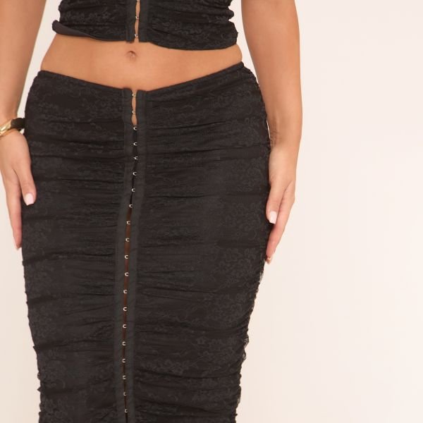 EGO Low Rise Hook And Eye Detail Maxi Skirt In Black Lace, Women's Size UK 6 - 2