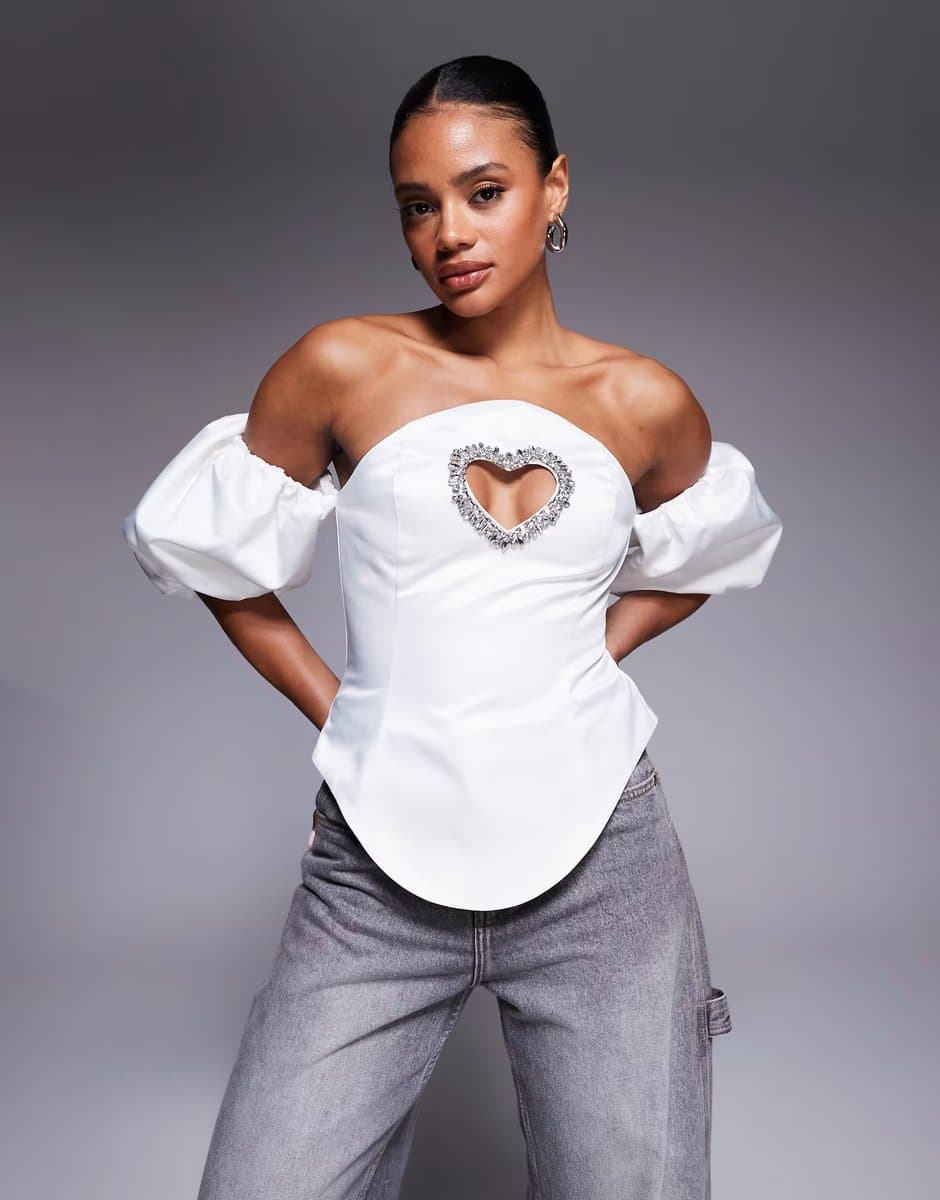 ASOS ASOS LUXE puff sleeve embellished heart cut out top in white