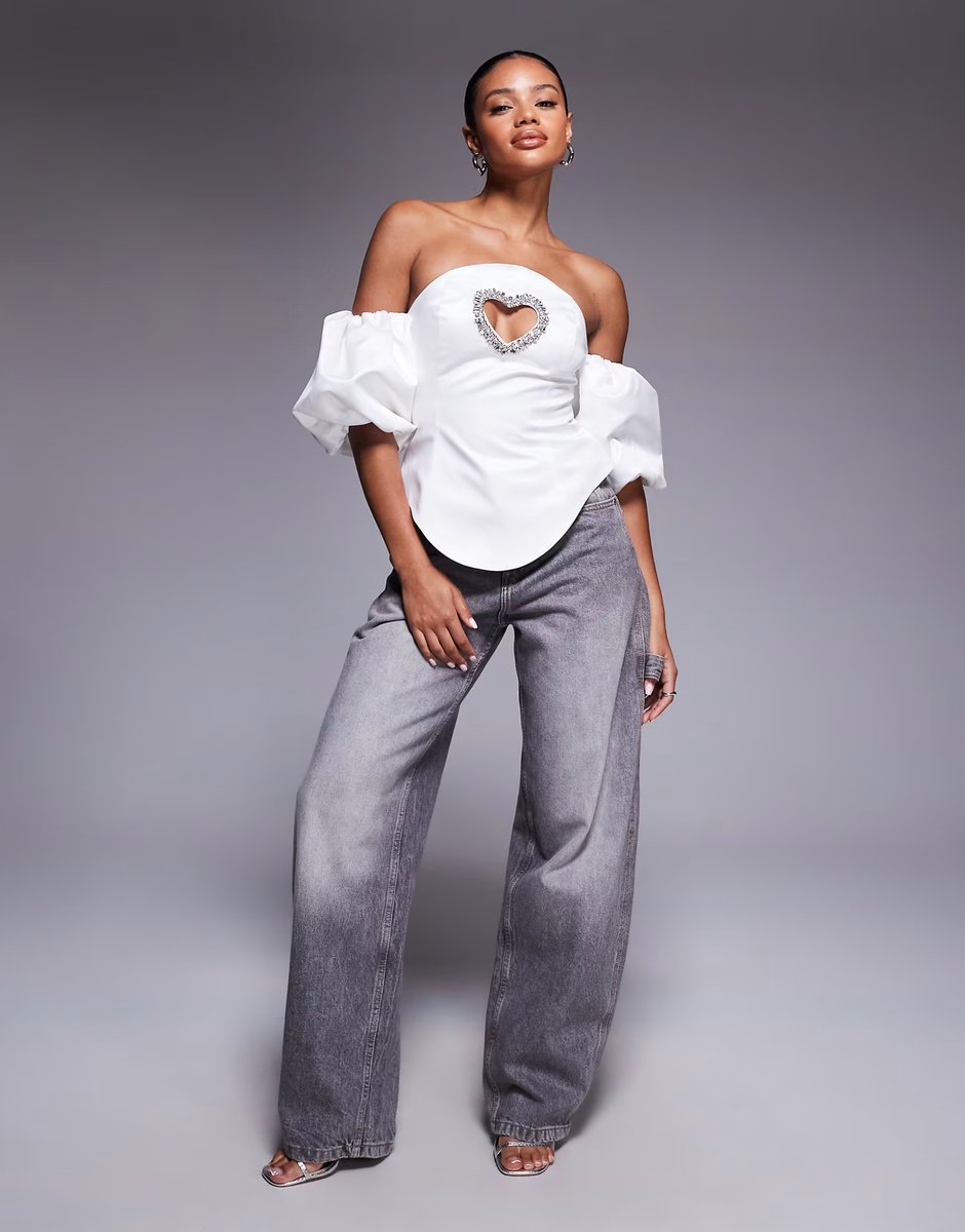 ASOS ASOS LUXE puff sleeve embellished heart cut out top in white - 3