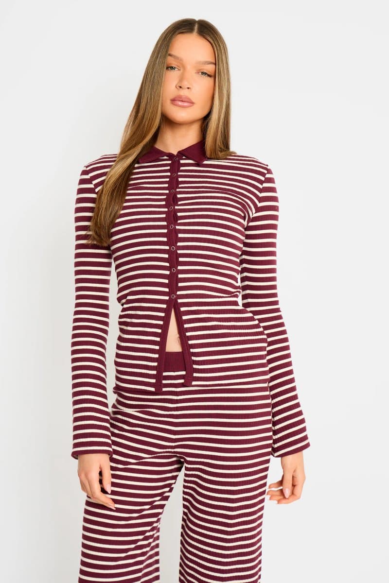 Kaiia Kaiia Stripe Ribbed Button Down Top Dark Cherry & Cream