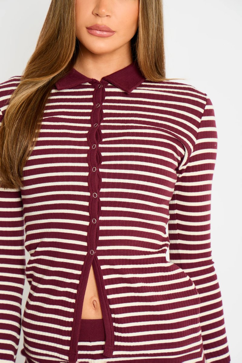 Kaiia Kaiia Stripe Ribbed Button Down Top Dark Cherry & Cream - 2