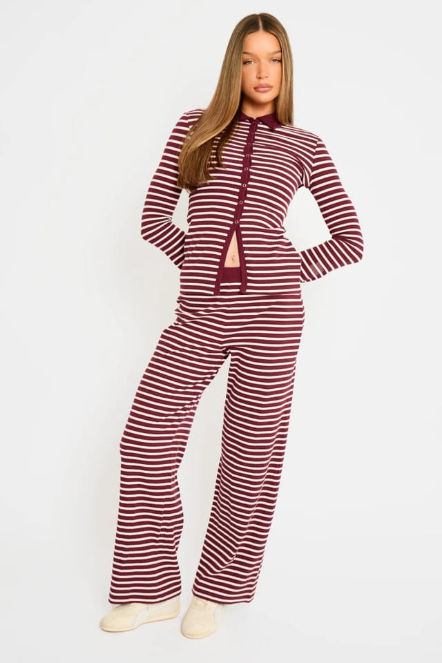 Kaiia Kaiia Stripe Ribbed Button Down Top Dark Cherry & Cream - 3