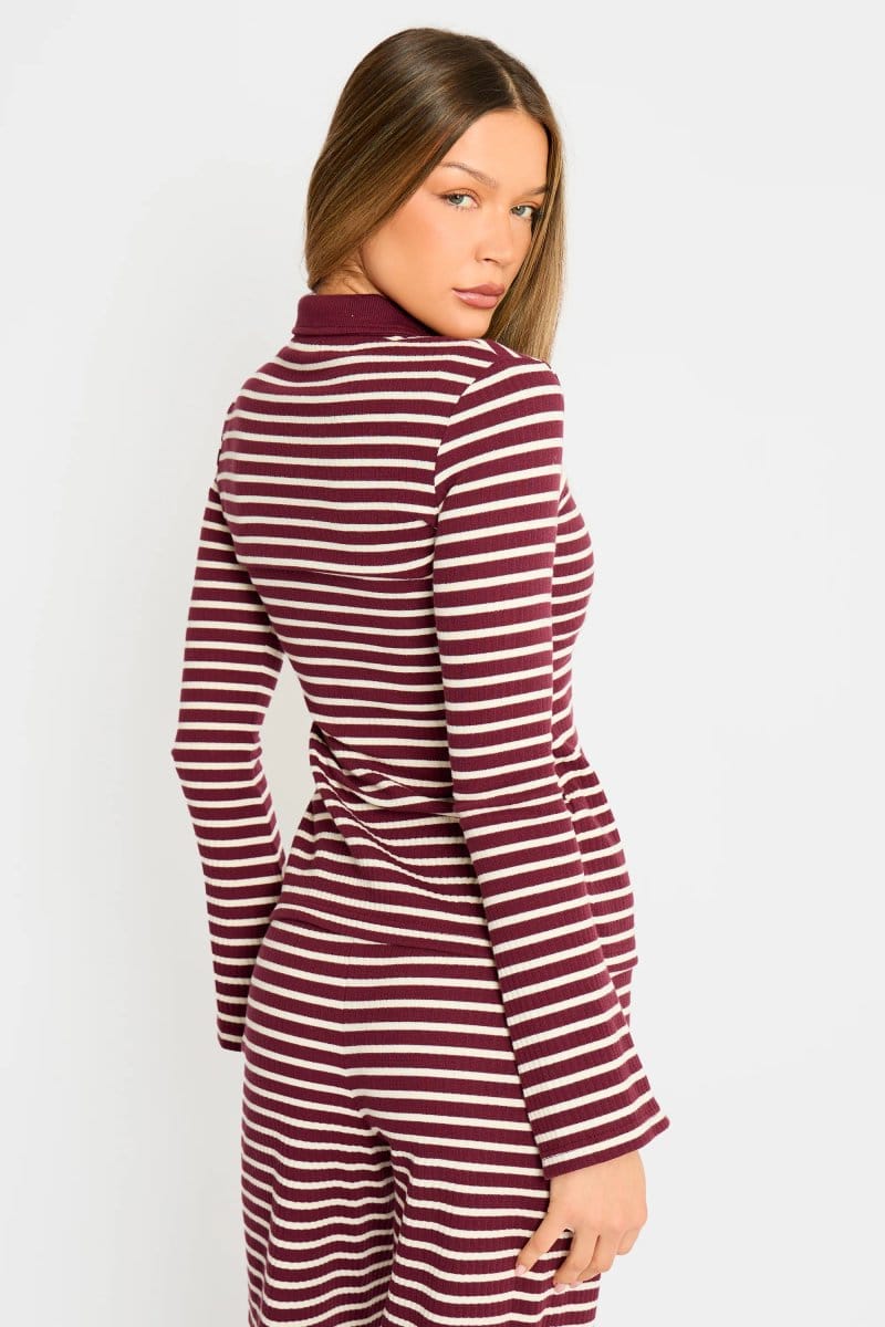 Kaiia Kaiia Stripe Ribbed Button Down Top Dark Cherry & Cream - 4