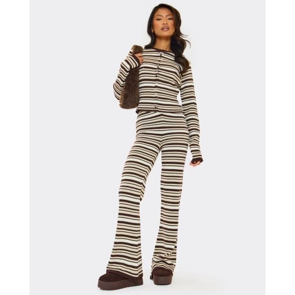 EGO Mid Rise Wide Leg Trousers In Brown Stripe Knit, Women's Size UK Medium M - 2