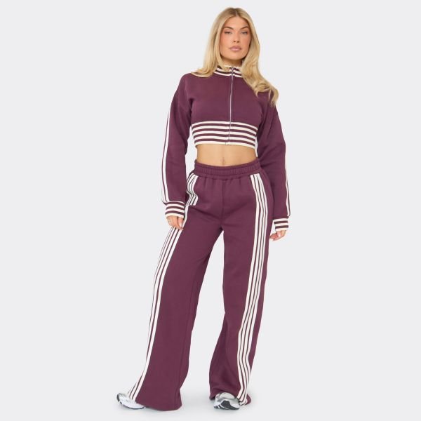 EGO Mid Rise Striped Detail Wide Leg Joggers In Plum, Women's Size UK 6 - 1