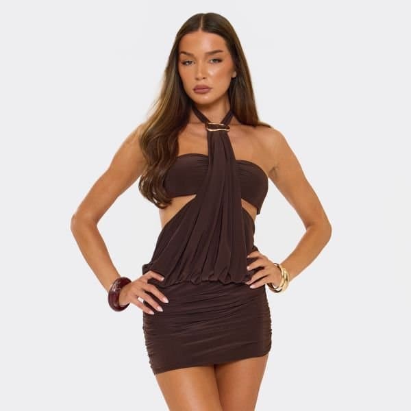 EGO Halterneck Bralet Trim Detail Mini Dress In Brown Slinky, Women's Size UK 14