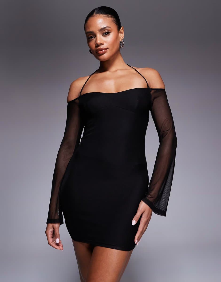 ASOS Princess Polly Acosta mesh sleeve bodycon mini dress in black