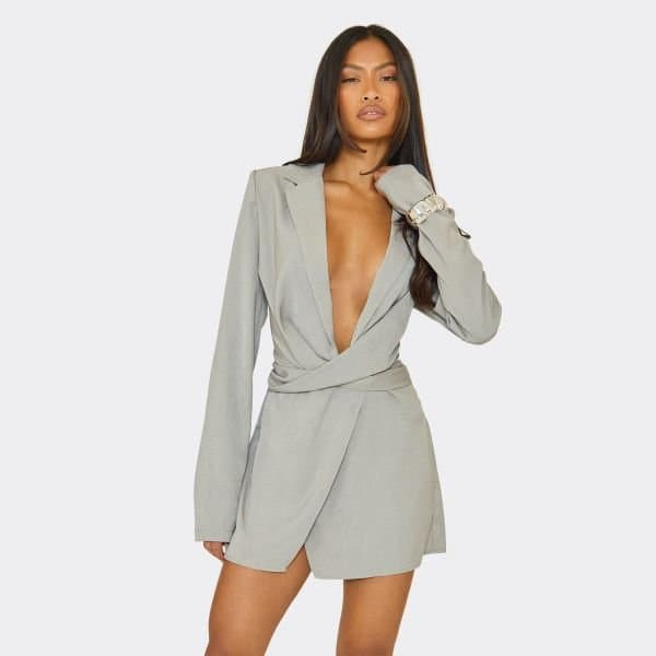 EGO Long Sleeve Wrap Waist Blazer Dress In Grey Woven, Women's Size UK 6