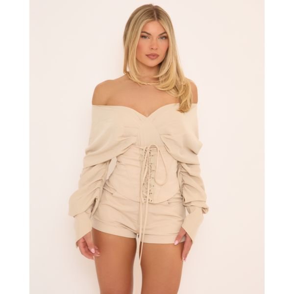 EGO Long Ruched Sleeve Off The Shoulder Lace Up Corset Top In Stone Woven, Women's Size UK 4 - 2