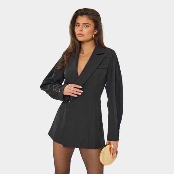 EGO Long Sleeve Cinched Waist Tailored Playsuit In Black Woven, Women's Size UK 6