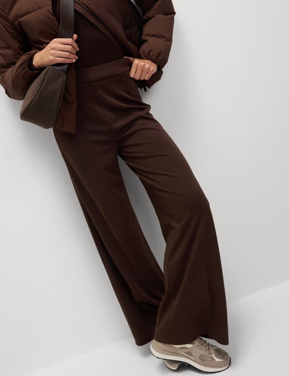 Marks & Spencer M&S Jersey Wide Leg Trousers with Stretch Dark Chocolate