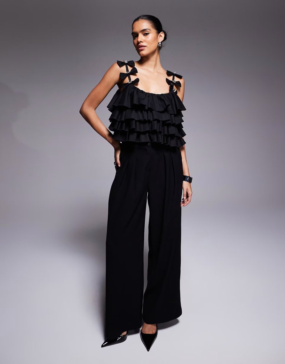 ASOS ASOS LUXE ruffle cami top with embellished bow detail in black - 2