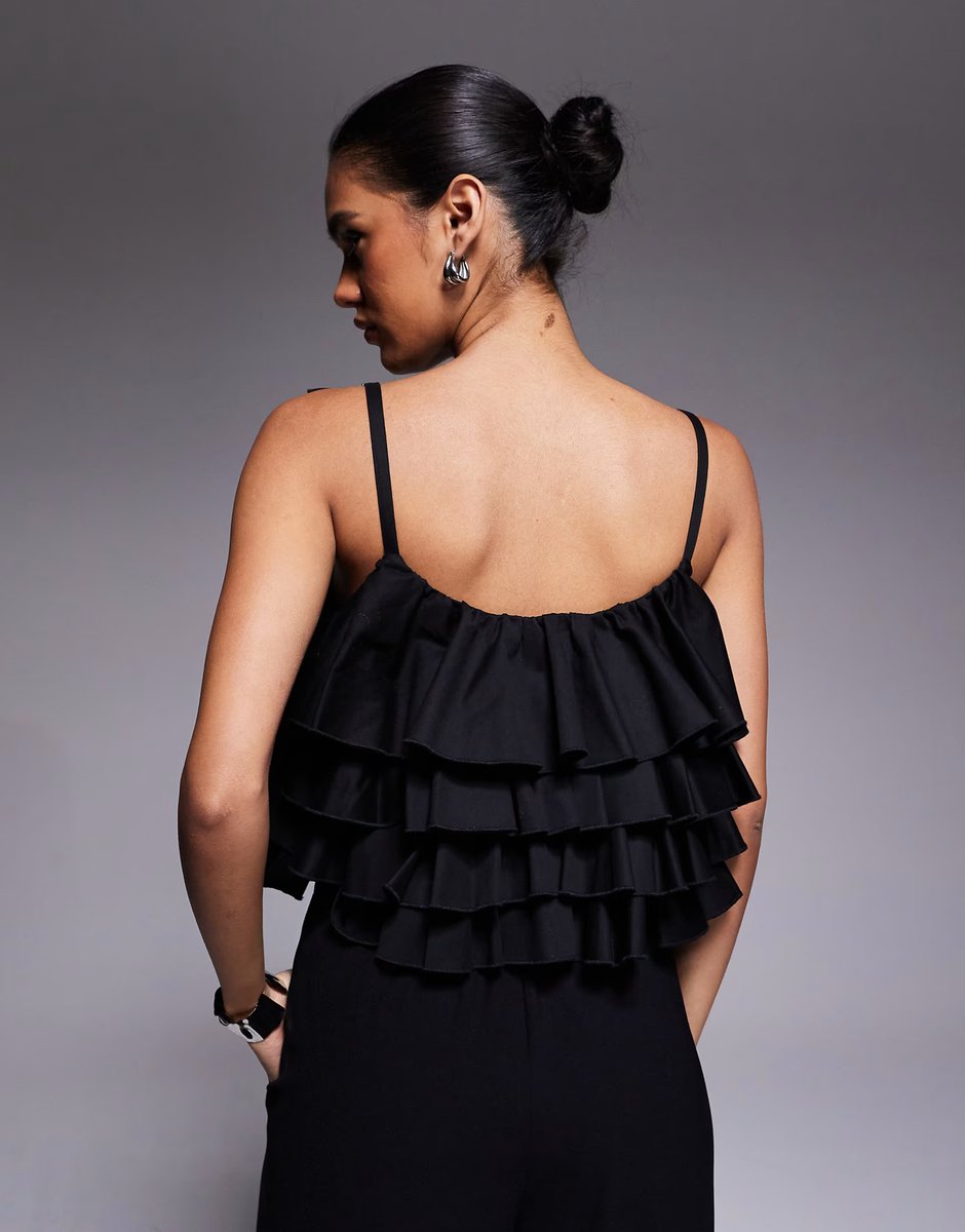 ASOS ASOS LUXE ruffle cami top with embellished bow detail in black - 3