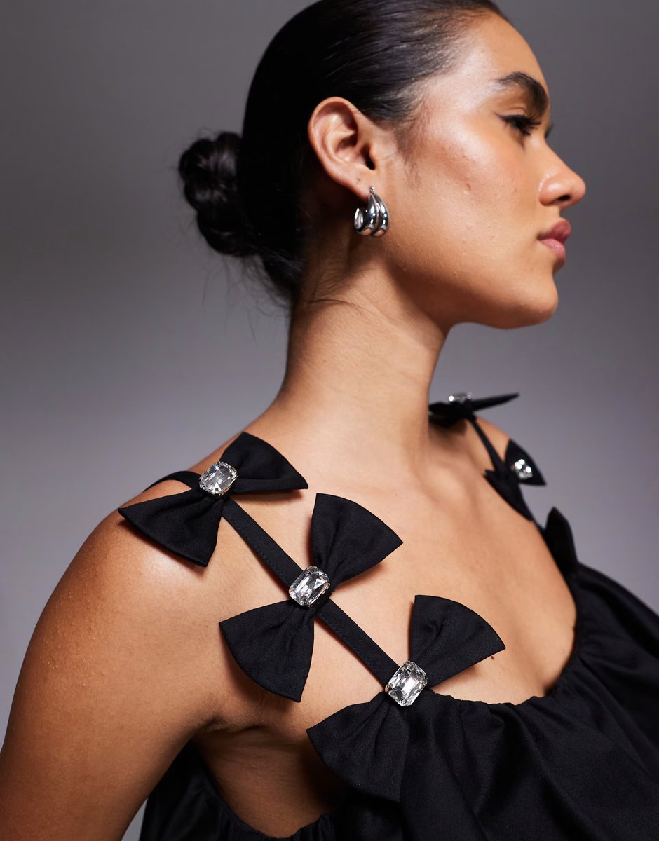 ASOS ASOS LUXE ruffle cami top with embellished bow detail in black - 4