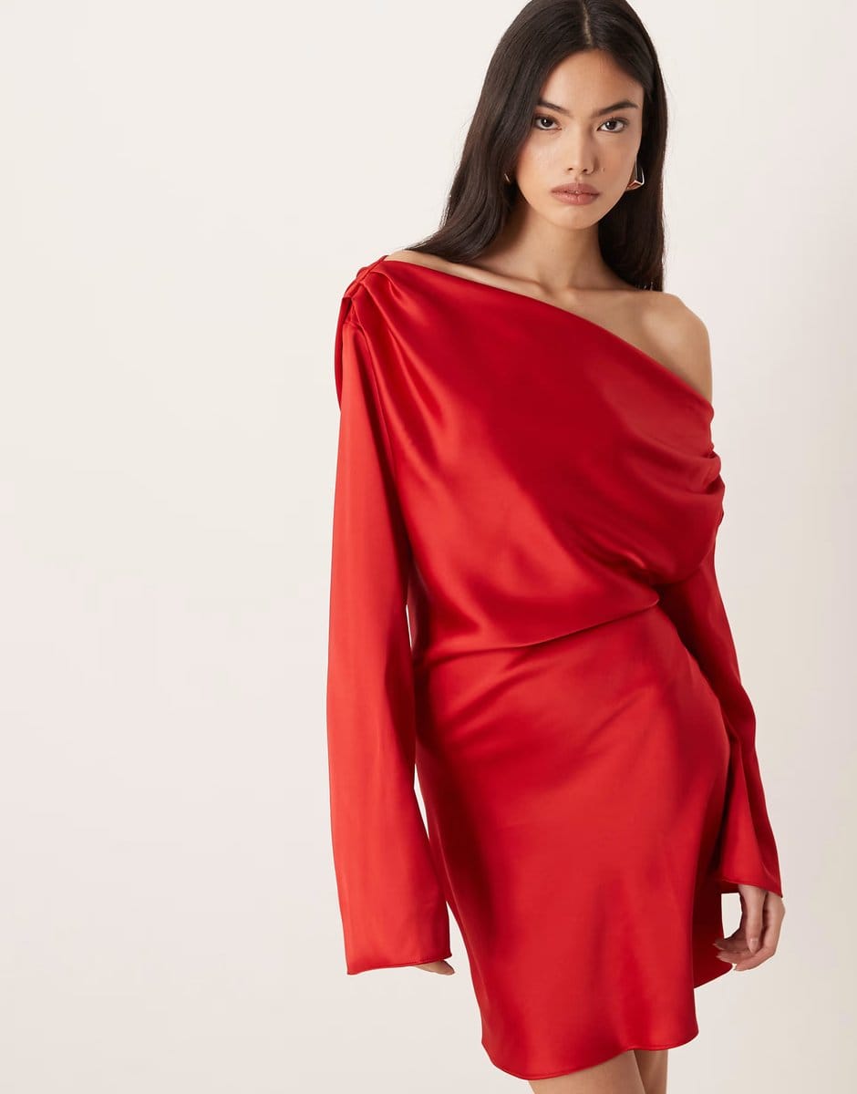 ASOS ASOS DESIGN satin drape long sleeve off shoulder mini dress in red - 1