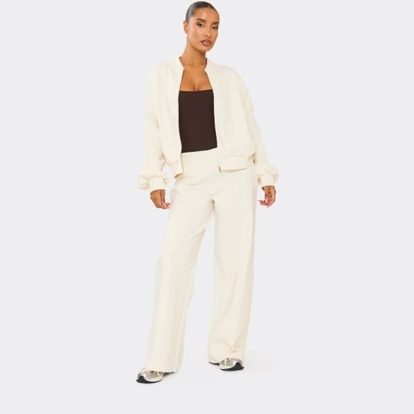 EGO Mid Rise Seam Detail Wide Leg Joggers In Cream Interlock, Women's Size UK 6 - 1