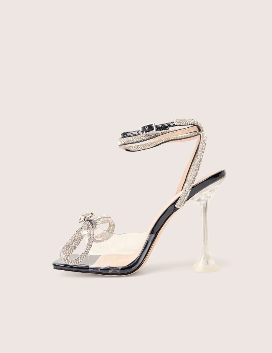 Public Desire Glimmer Wide Fit Black Wrap Around Diamante Bow Square Toe Heels