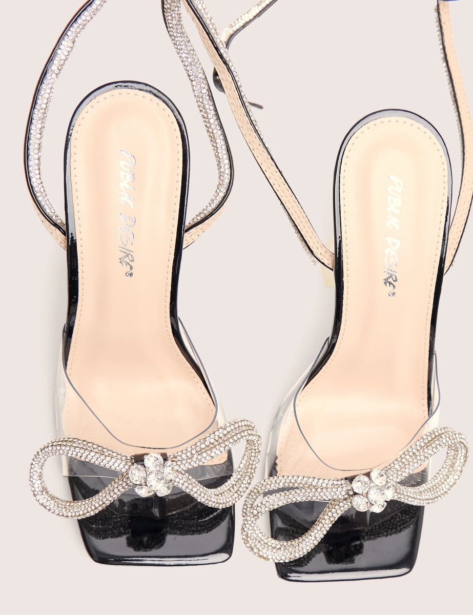 Public Desire Glimmer Wide Fit Black Wrap Around Diamante Bow Square Toe Heels - 2