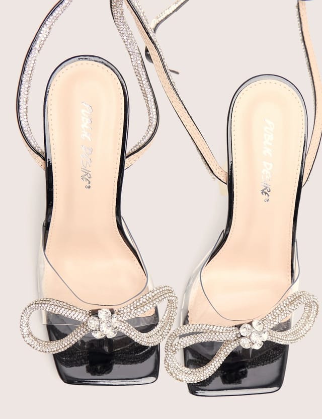 Public Desire Glimmer Wide Fit Black Wrap Around Diamante Bow Square Toe Heels - 2