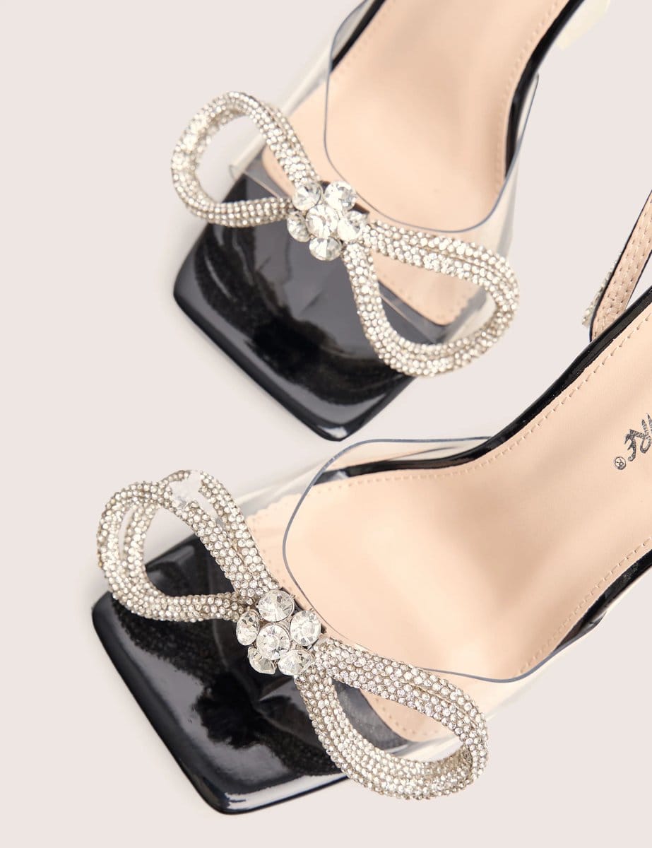 Public Desire Glimmer Wide Fit Black Wrap Around Diamante Bow Square Toe Heels - 4