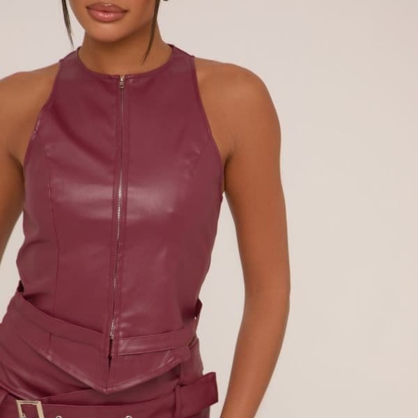 EGO Sleeveless Zip Front Top In Burgundy Faux Leather, Women's Size UK 4 - 2