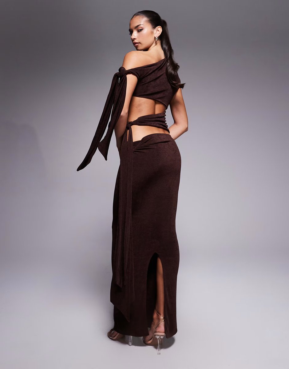 ASOS Wanderdoll Noa premium textured slinky drape tie side maxi skirt co-ord in espresso - 3