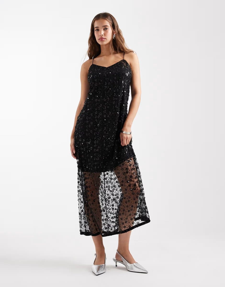 ASOS Object floral sequin embellished cami maxi dress in black