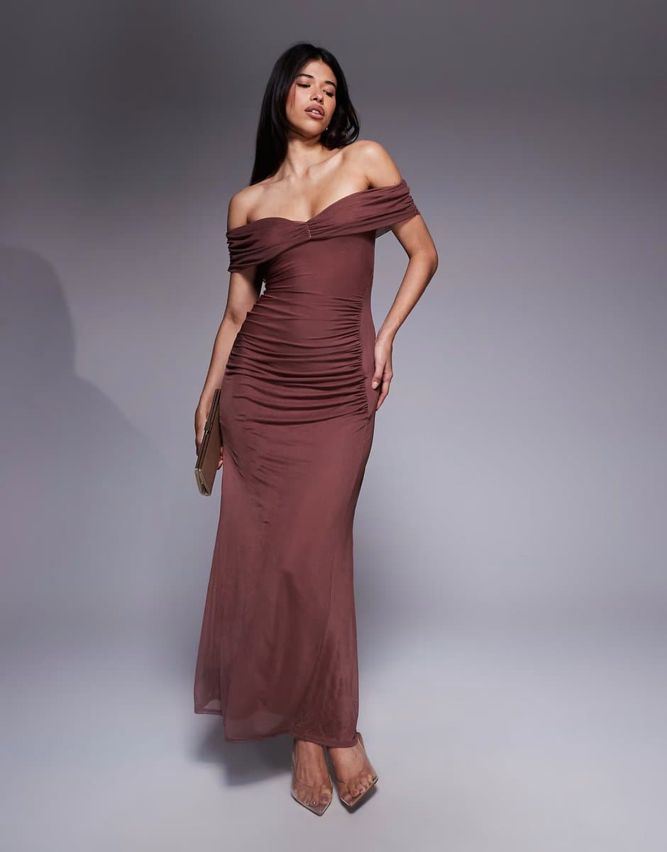 ASOS ASOS DESIGN off shoulder ruched maxi dress in chestnut brown