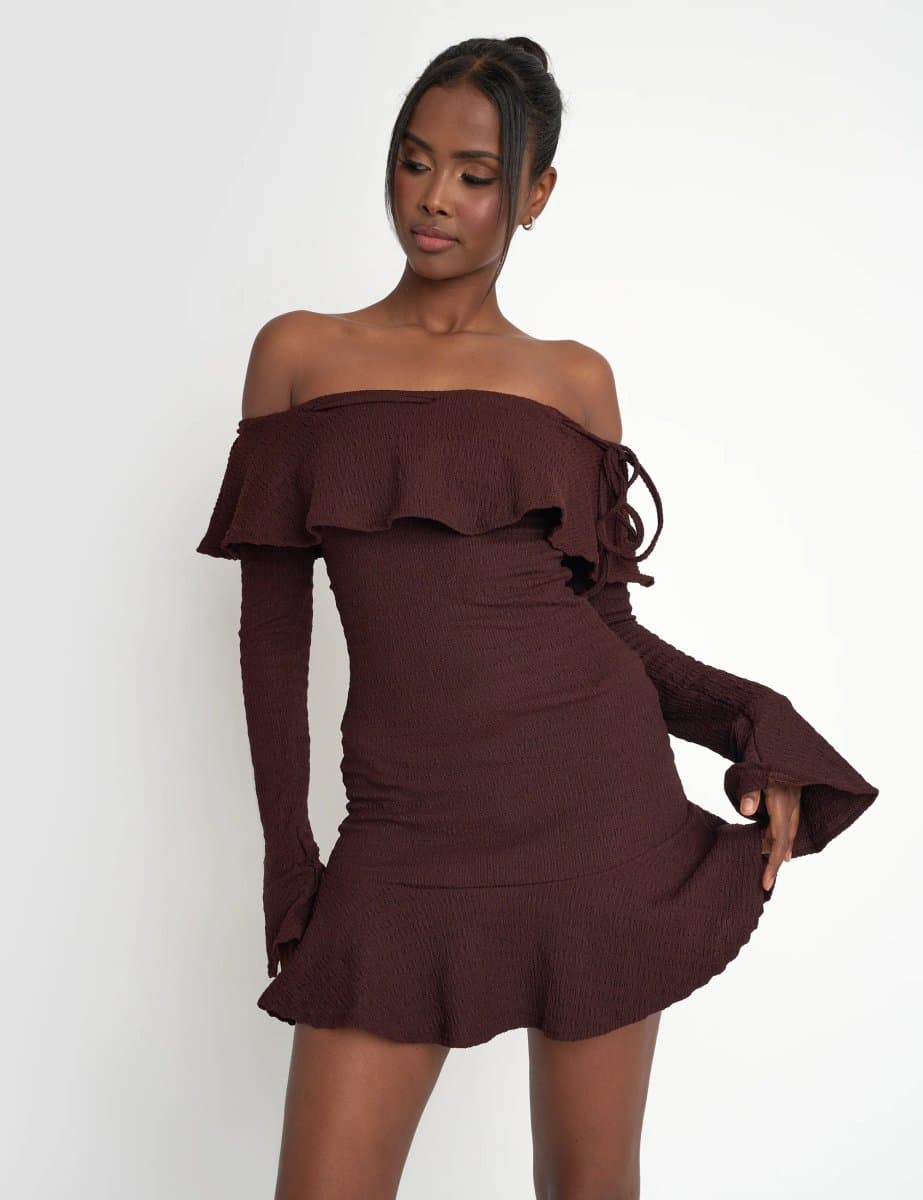 Public Desire Textured Bardot Mini Dress Chocolate