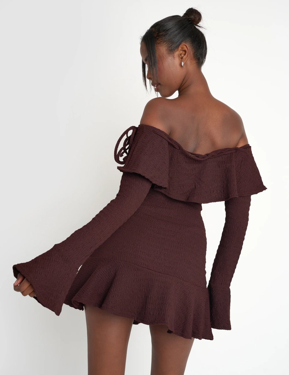 Public Desire Textured Bardot Mini Dress Chocolate - 2