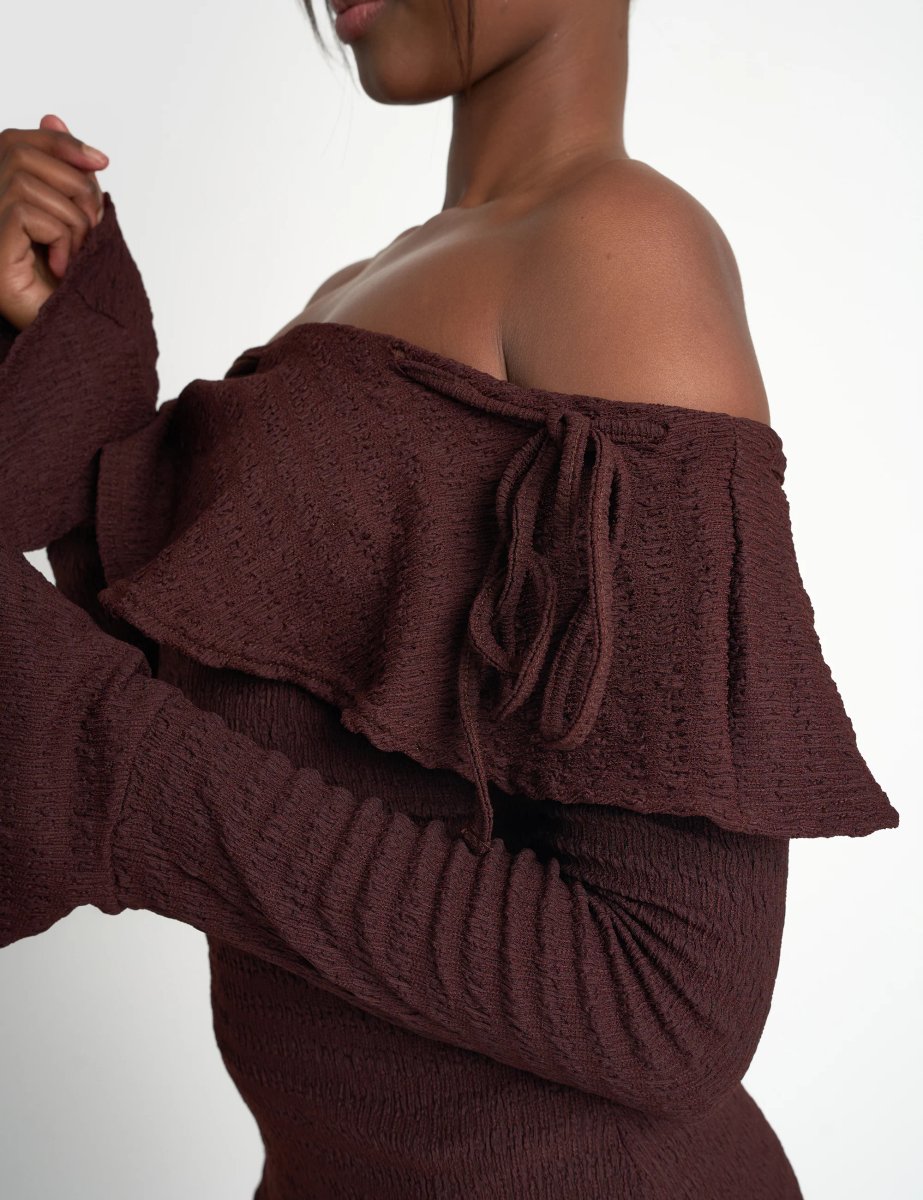 Public Desire Textured Bardot Mini Dress Chocolate - 3