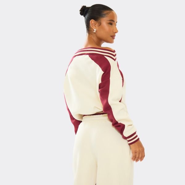 EGO Oversized Bardot Contrast Stripe Ego Graphic Sweater In Burgundy, Women's Size UK 10 - 2