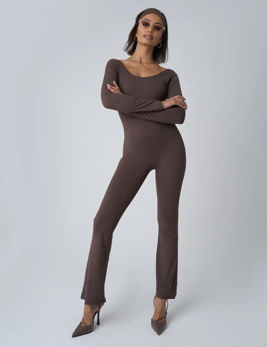 Public Desire Cut Out Back Detail Long Sleeve Jumpsuit Beige