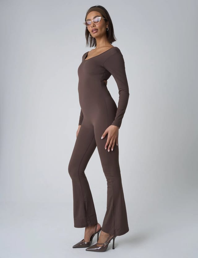 Public Desire Cut Out Back Detail Long Sleeve Jumpsuit Beige - 2