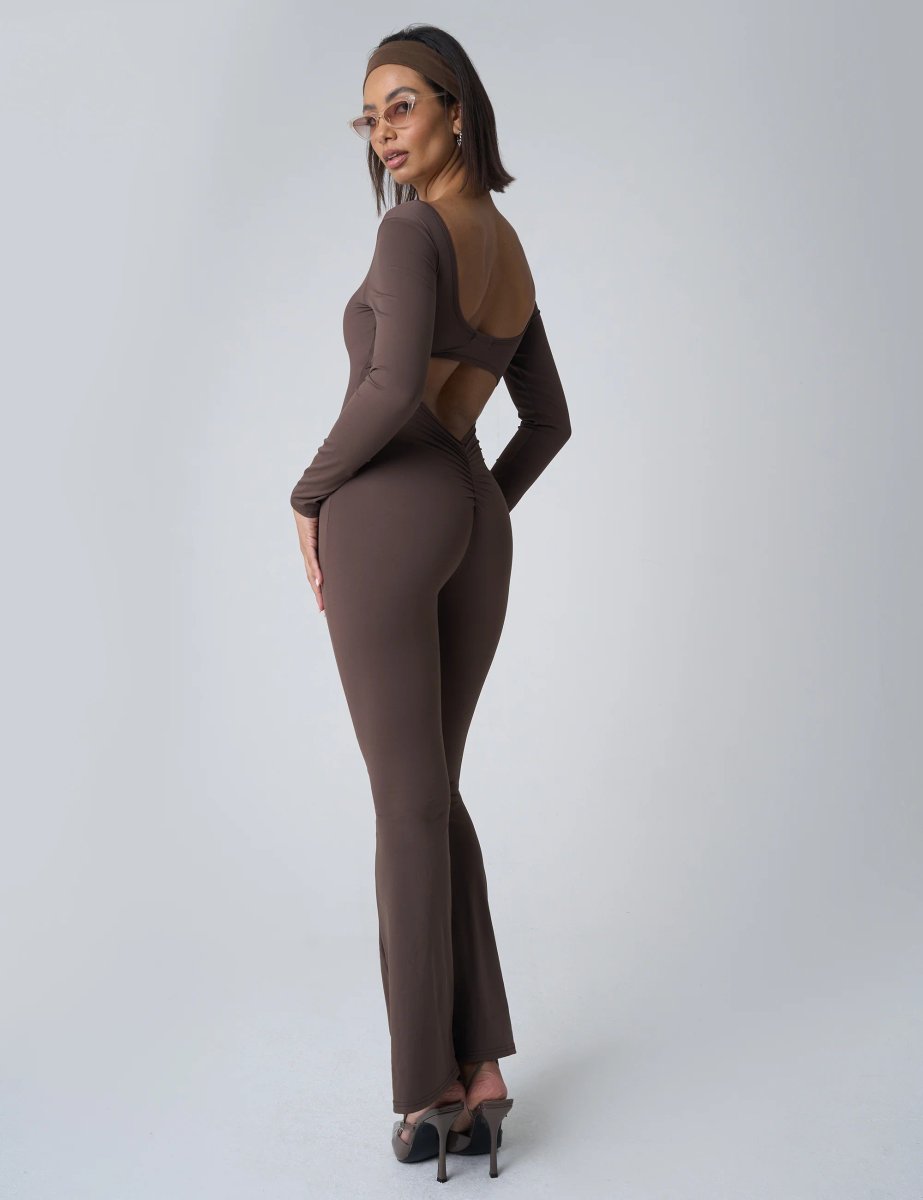 Public Desire Cut Out Back Detail Long Sleeve Jumpsuit Beige - 3