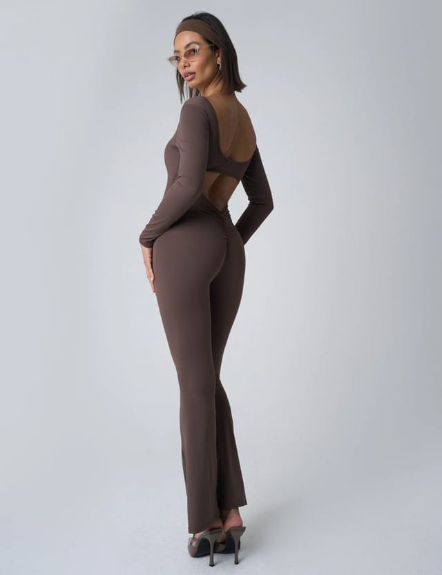 Public Desire Cut Out Back Detail Long Sleeve Jumpsuit Beige - 3