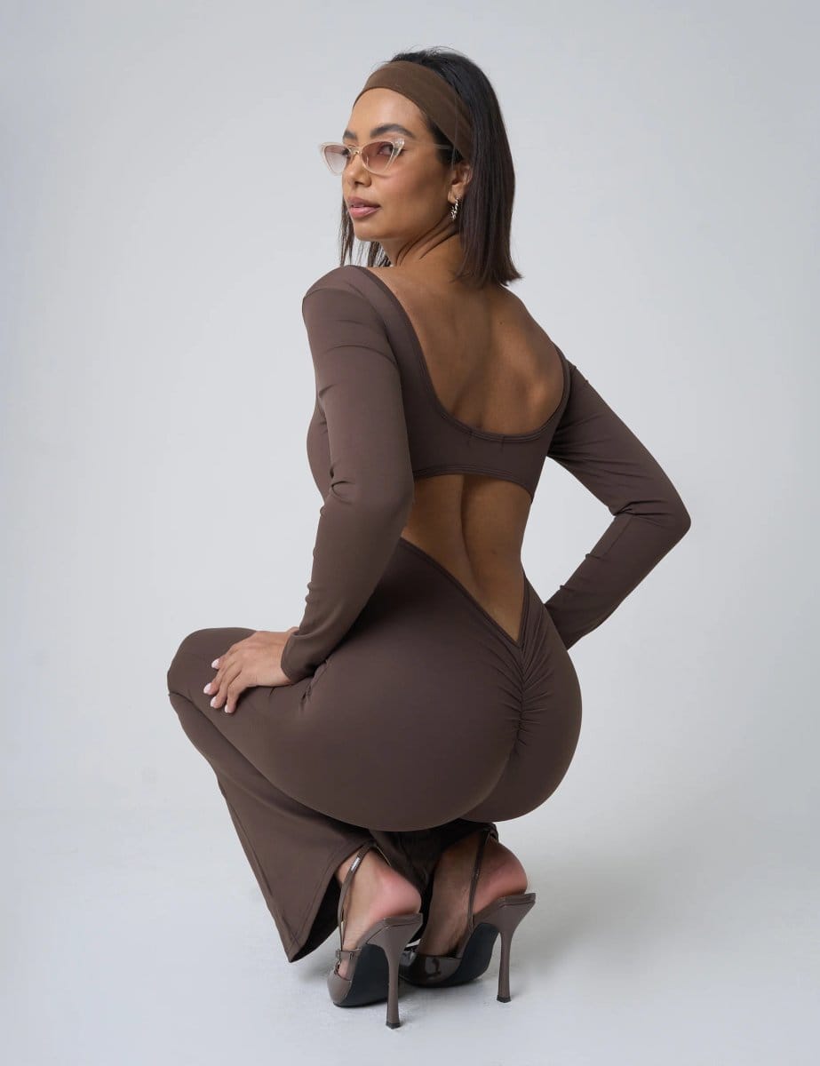 Public Desire Cut Out Back Detail Long Sleeve Jumpsuit Beige - 4