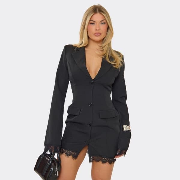 EGO Button Up Lace Trim Detail Tailored Blazer Dress In Black, Women's Size UK 6