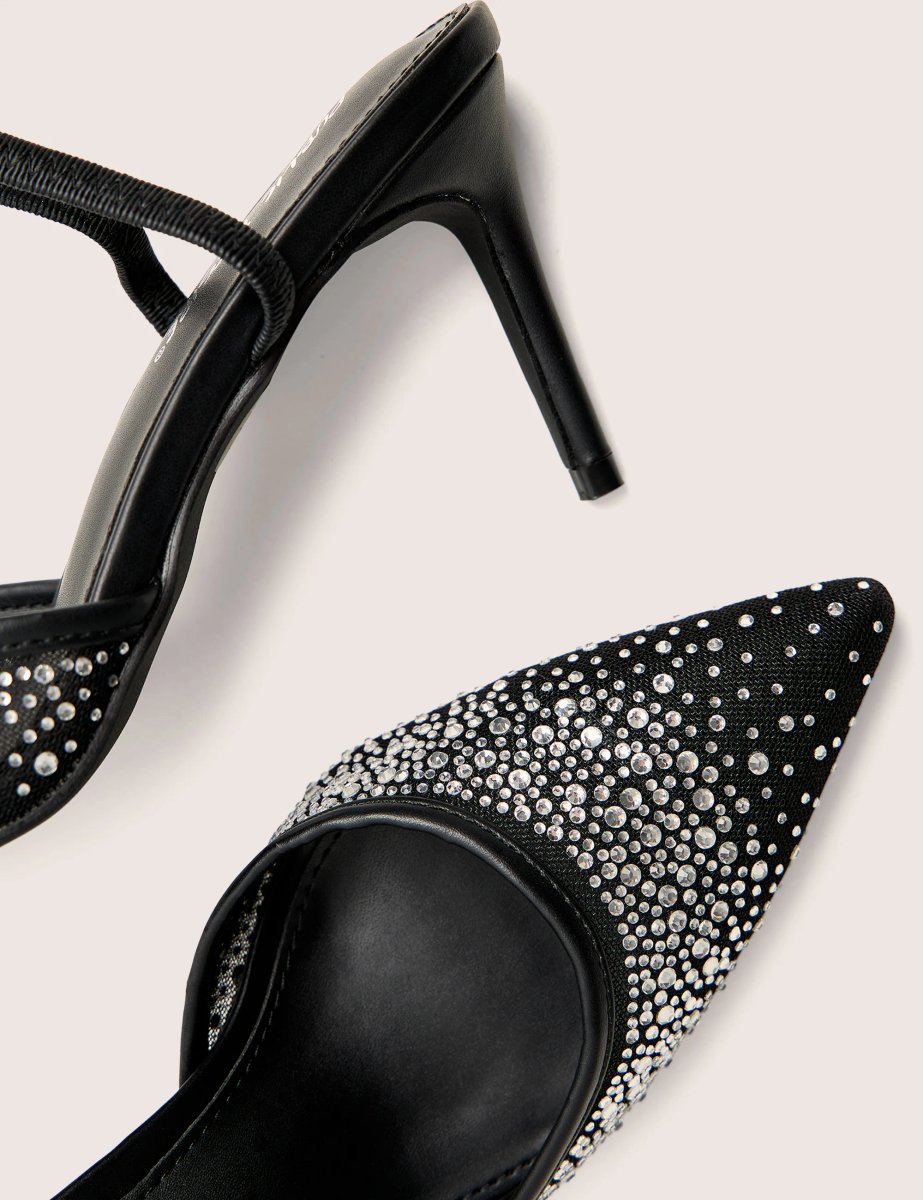 Public Desire Rochie Black Mesh Embellished Sling Back Court Heels - 4