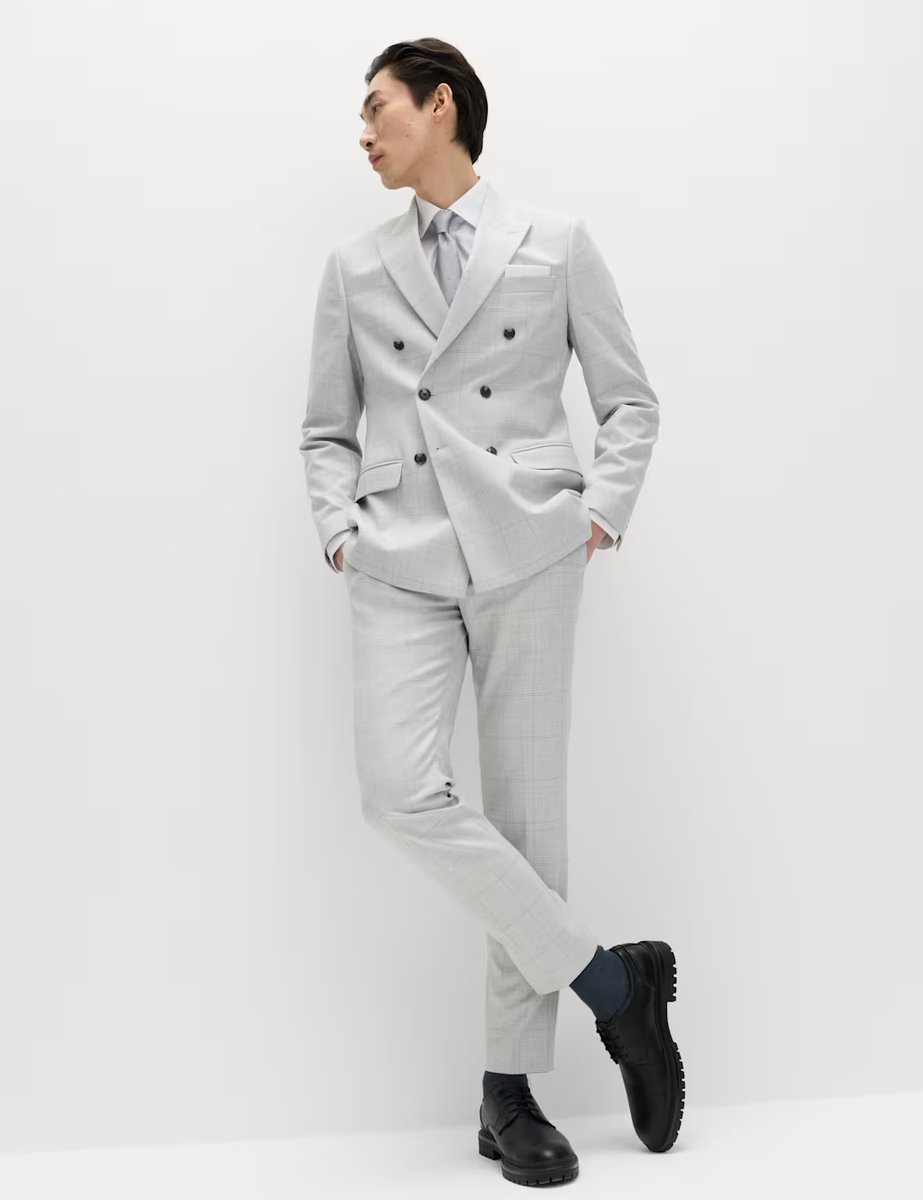 Marks & Spencer M&S Slim Fit Check Stretch Suit Trousers Light Grey Mix - 2