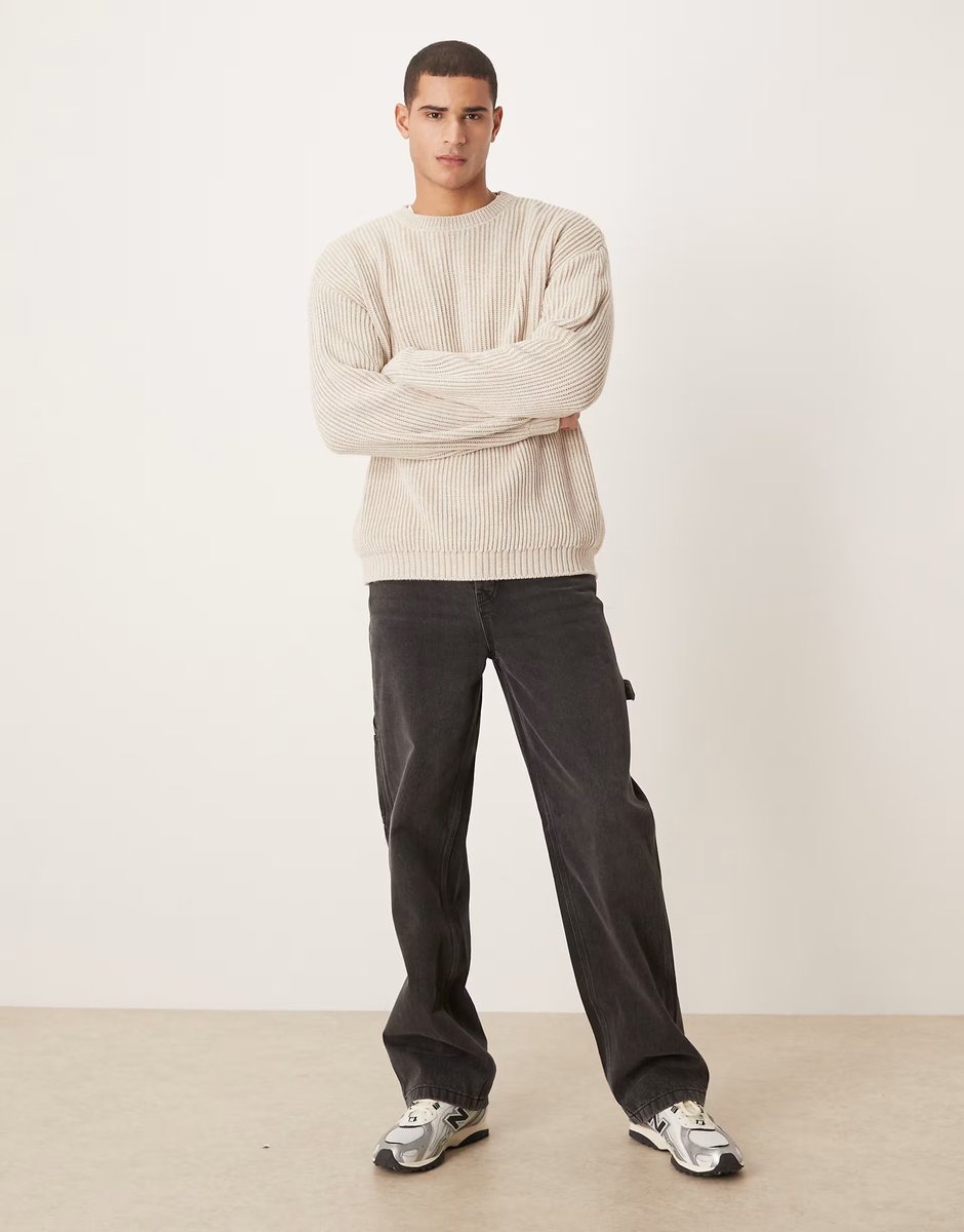 ASOS ASOS DESIGN relaxed long sleeve knitted crew neck rib jumper in ecru - 2