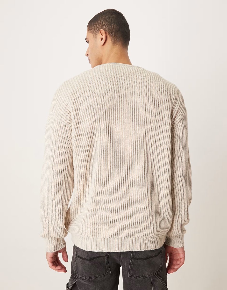 ASOS ASOS DESIGN relaxed long sleeve knitted crew neck rib jumper in ecru - 3