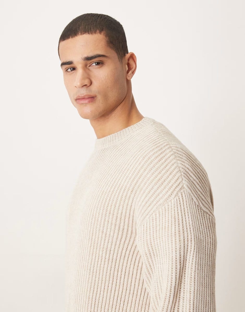 ASOS ASOS DESIGN relaxed long sleeve knitted crew neck rib jumper in ecru - 4