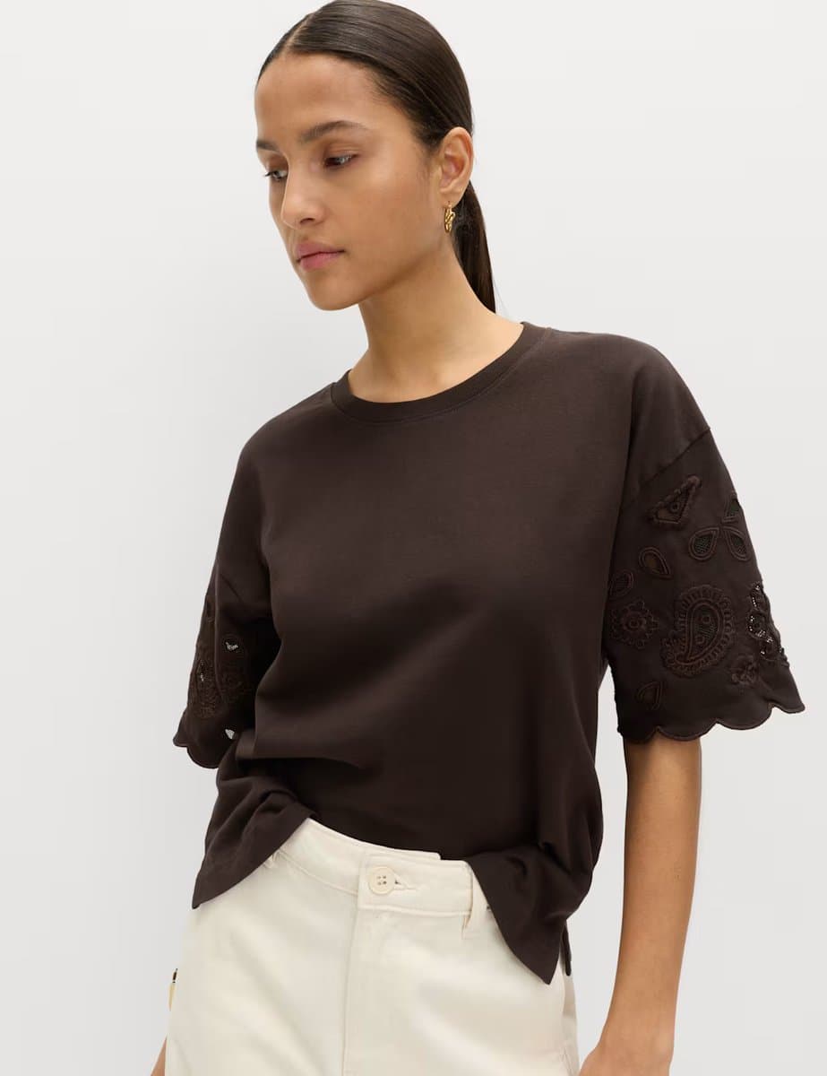 Marks & Spencer M&S Pure Cotton Broderie Boxy T-Shirt Chocolate