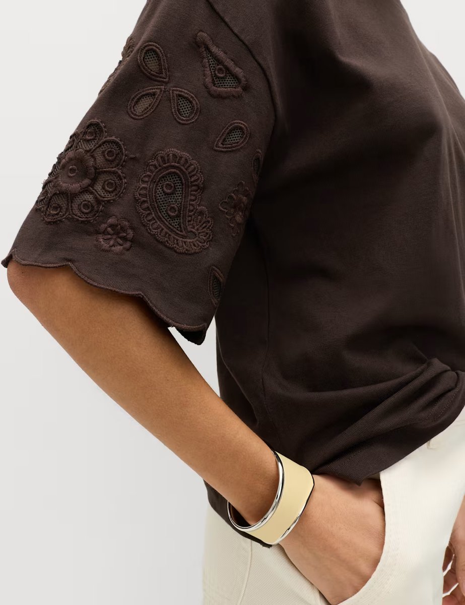 Marks & Spencer M&S Pure Cotton Broderie Boxy T-Shirt Chocolate - 4