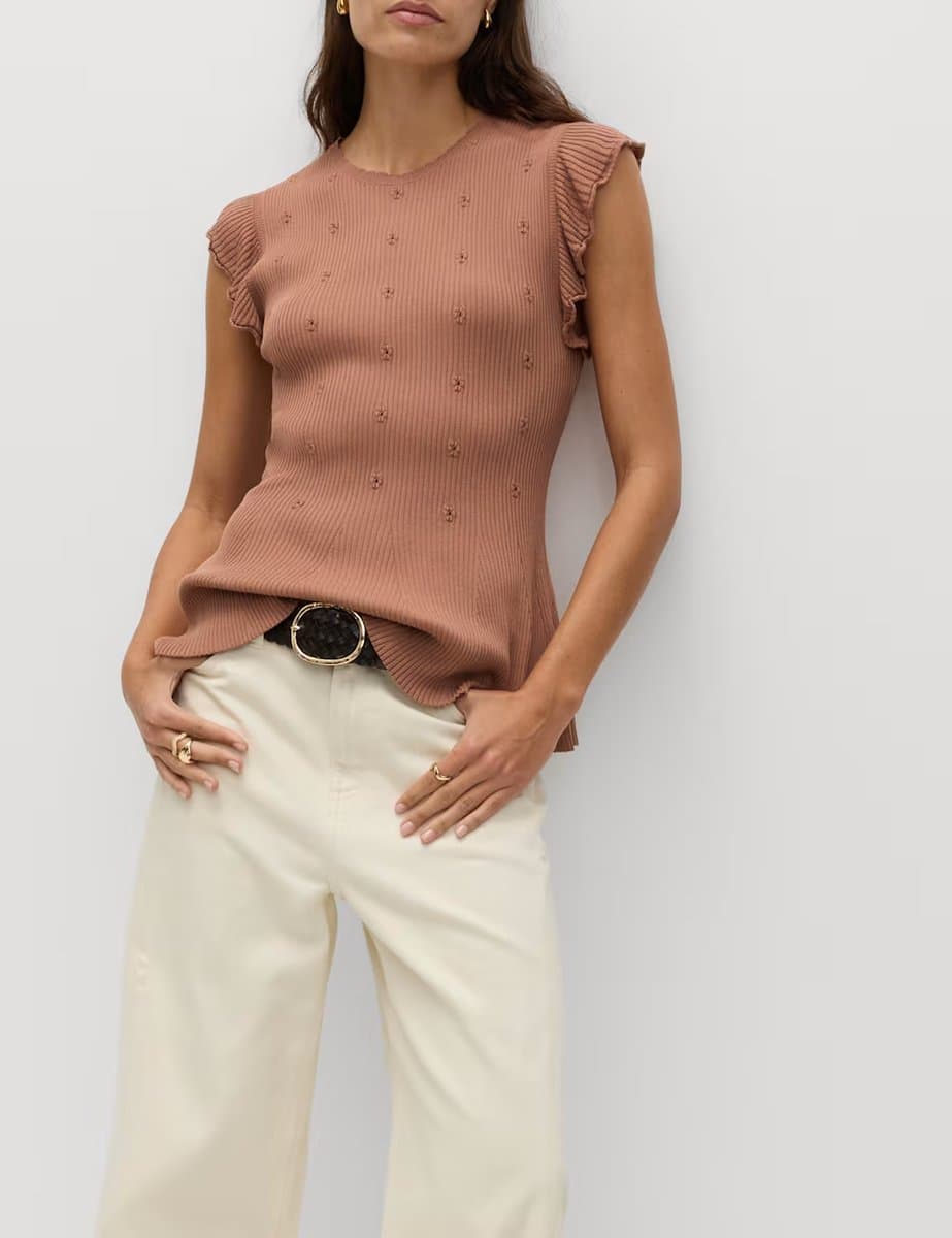 Marks & Spencer M&S Ribbed Ruffle Peplum Knitted Top Mocha