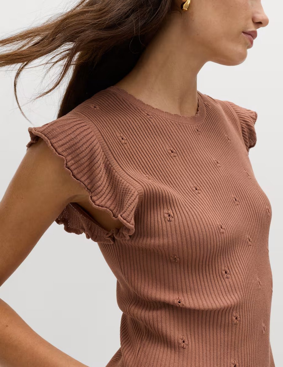 Marks & Spencer M&S Ribbed Ruffle Peplum Knitted Top Mocha - 2