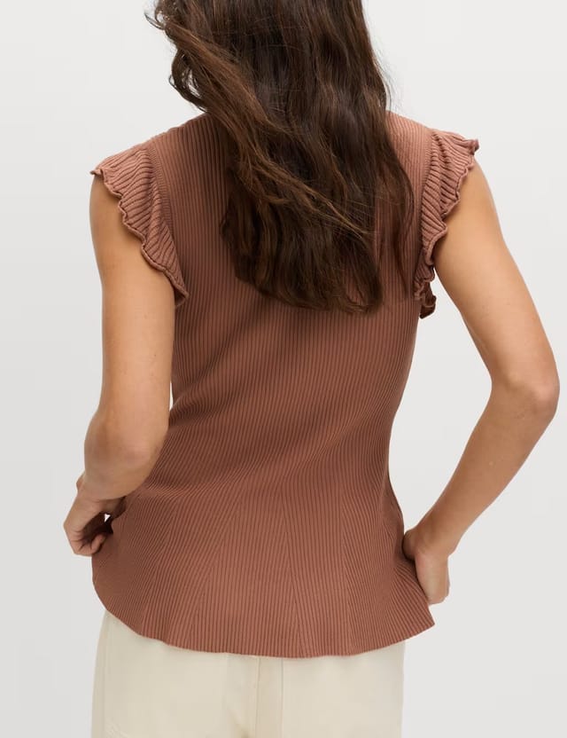 Marks & Spencer M&S Ribbed Ruffle Peplum Knitted Top Mocha - 3